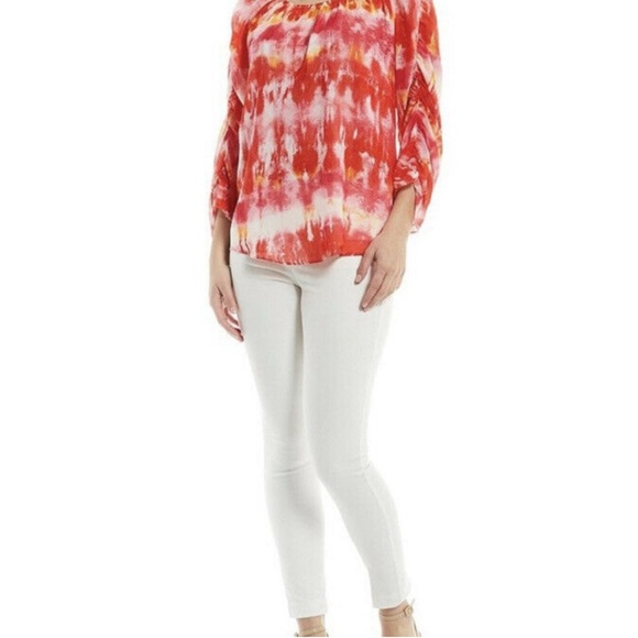 Calvin Klein Cinched Sleeve Chiffon Tie Dye Top Ginger Combo Sz L - Picture 3 of 11